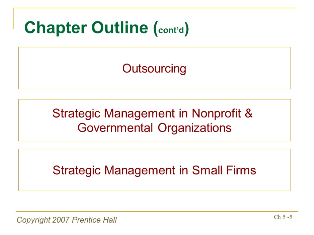 Copyright 2007 Prentice Hall Ch 5 -5 Chapter Outline (cont’d) Outsourcing Strategic Management in
